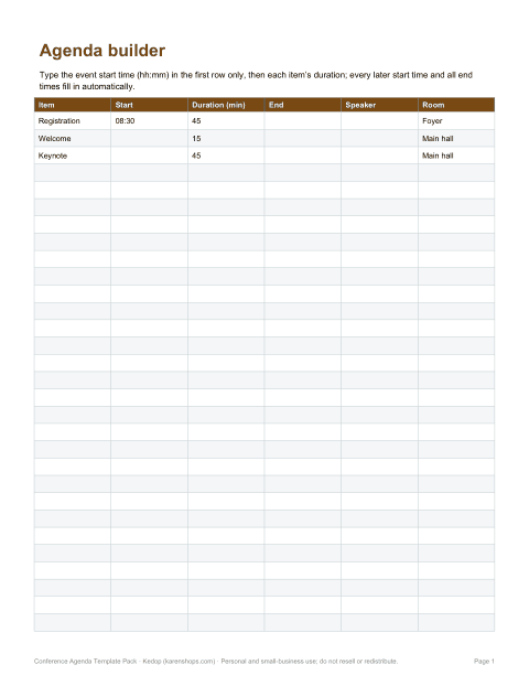 Preview of the first page of Agenda builder (XLSX)