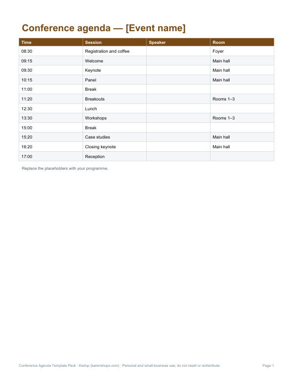 Preview of Printable One-Day Conference Agenda