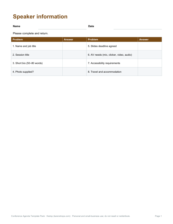 Preview of Printable Speaker Information Sheet